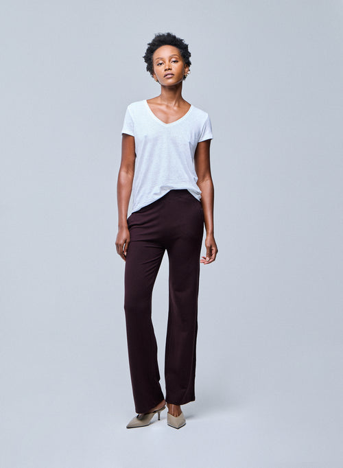 White V-neck Short Sleeve Linen and Elastane T-Shirt - MAJESTIC FILATURES