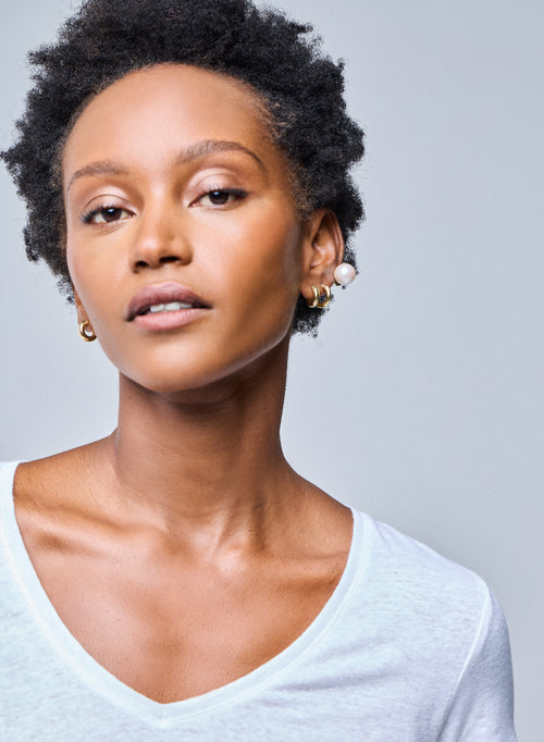 White V-neck Short Sleeve Linen and Elastane T-Shirt - MAJESTIC FILATURES