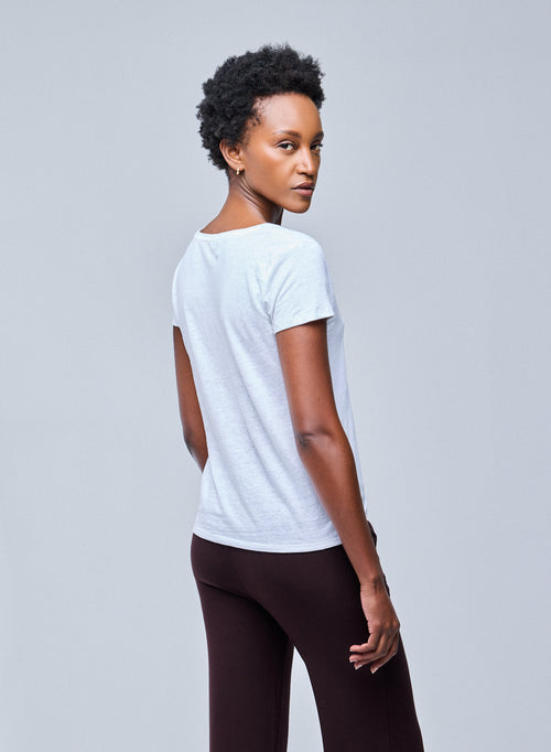 White V-neck Short Sleeve Linen and Elastane T-Shirt - MAJESTIC FILATURES