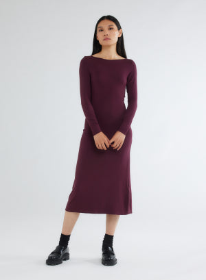 Purple boat neck dress with long sleeves in viscose / elastane - MAJESTIC FILATURES