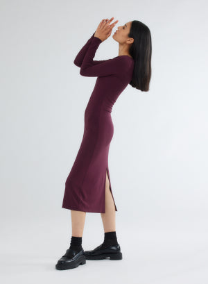 Purple boat neck dress with long sleeves in viscose / elastane - MAJESTIC FILATURES