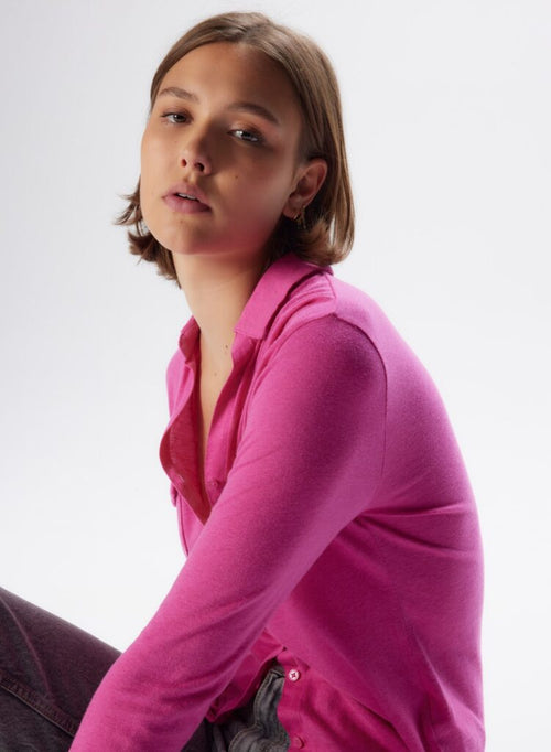 Camisa Rosa Neón con Mangas Largas de Algodón y Cachemira - MAJESTIC FILATURES