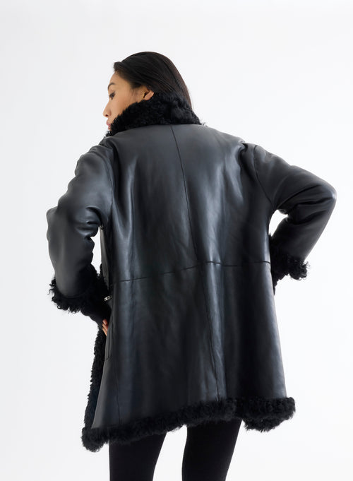 Manteau Peau Lainée Noire - MAJESTIC FILATURES