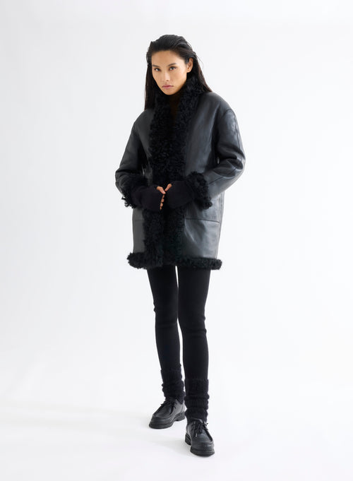 Manteau Peau Lainée Noire - MAJESTIC FILATURES