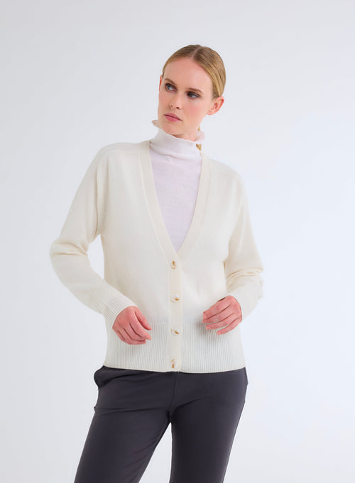 Gilet Blanc Col V Manches Longues en 100% Cachemire - MAJESTIC FILATURES