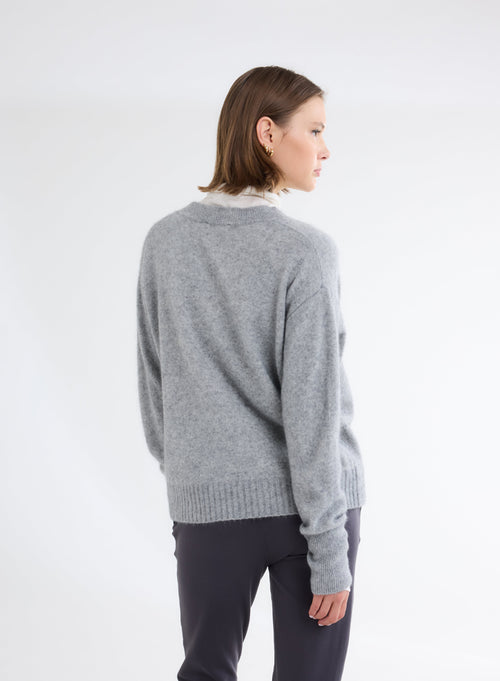 Gray V-Neck Long Sleeve Sweater - MAJESTIC FILATURES