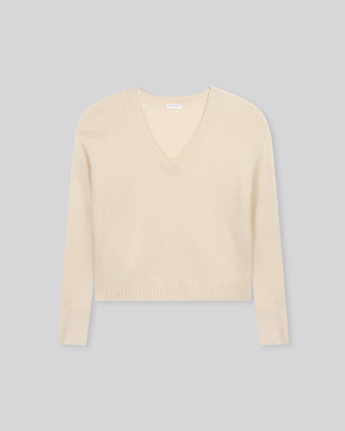 Pull Écru Col V Manches Longues en Raccoon - MAJESTIC FILATURES