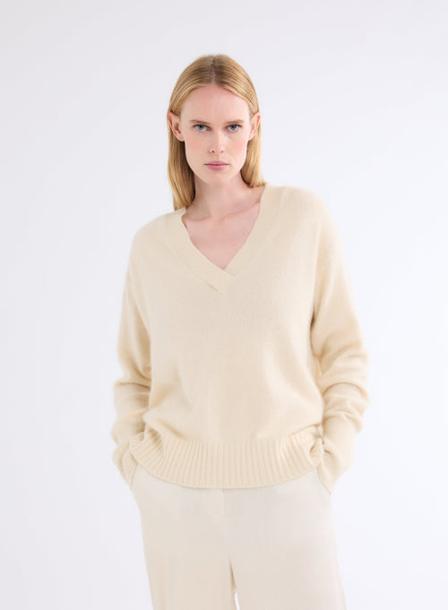 Pull Blanc Col V Manches Longues - MAJESTIC FILATURES