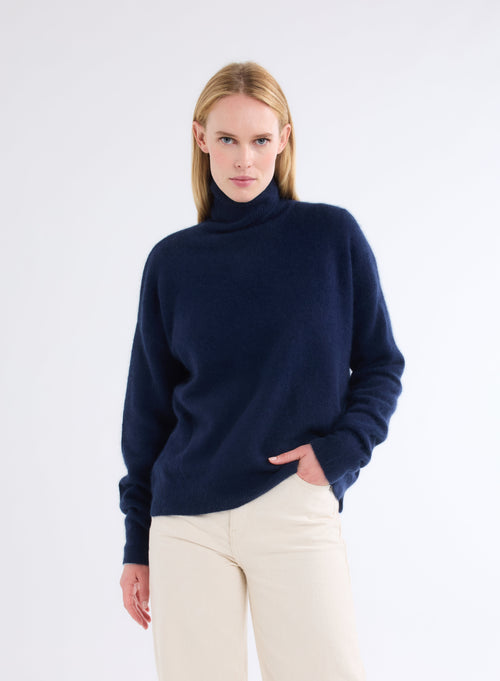 Navy Turtleneck Long Sleeve Sweater - MAJESTIC FILATURES