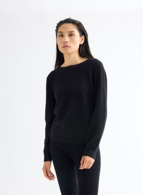 Pull Noir Col Bateau Manches Longues - MAJESTIC FILATURES