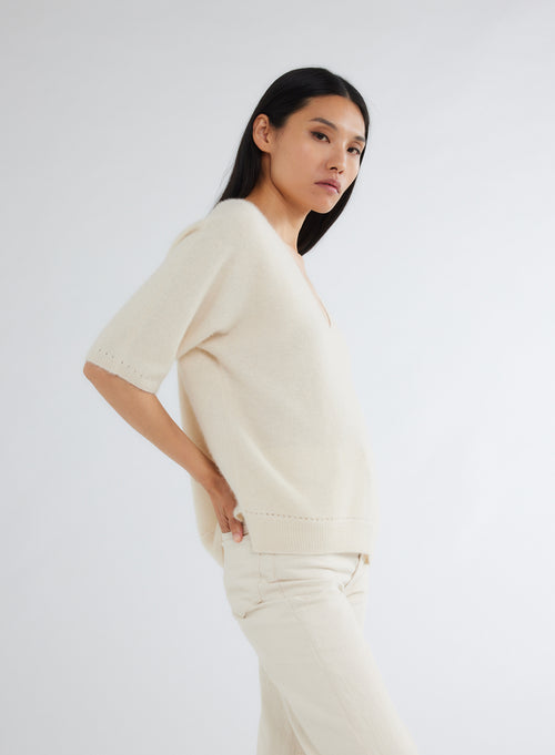 White V-Neck Elbow Sleeve Sweater - MAJESTIC FILATURES