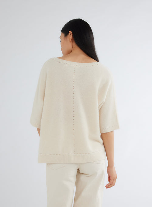 White V-Neck Elbow Sleeve Sweater - MAJESTIC FILATURES