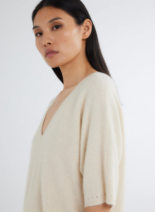 White V-Neck Elbow Sleeve Sweater - MAJESTIC FILATURES