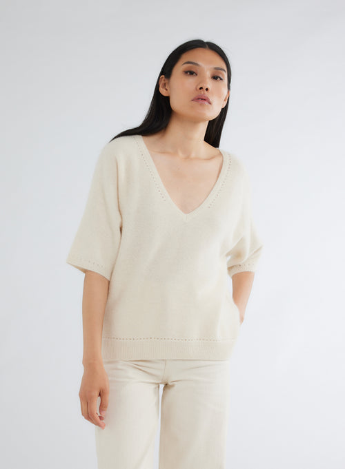 White V-Neck Elbow Sleeve Sweater - MAJESTIC FILATURES