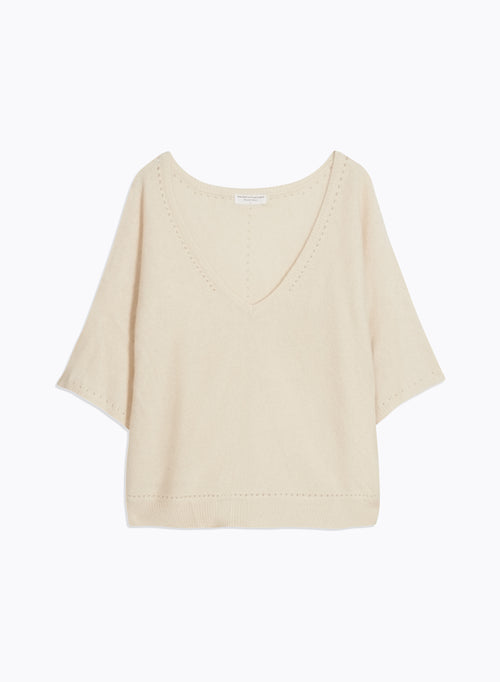 White V-Neck Elbow Sleeve Sweater - MAJESTIC FILATURES