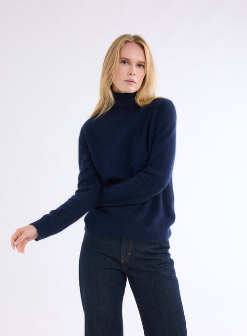 Navy High Neck Long Sleeve Sweater - MAJESTIC FILATURES