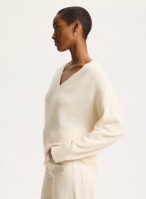 White V-neck Long Sleeve Sweater - MAJESTIC FILATURES