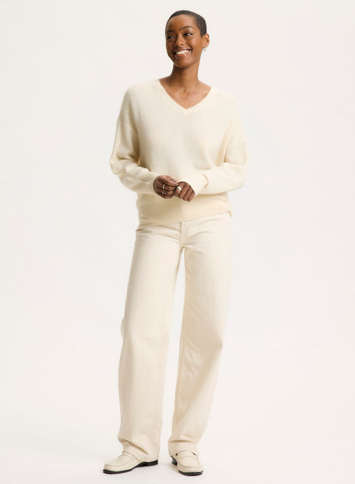 White V-neck Long Sleeve Sweater - MAJESTIC FILATURES