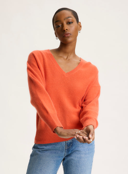 Orange V-neck Long-sleeve sweater - MAJESTIC FILATURES