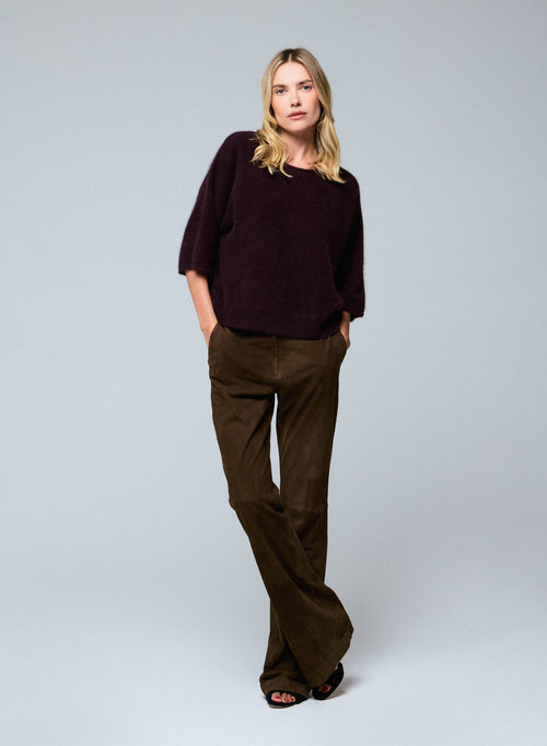 Suéter de manga de kimono de cuello redondo de berenjena en lana de raccon / Poliamida - MAJESTIC FILATURES