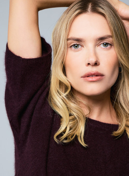 Suéter de manga de kimono de cuello redondo de berenjena en lana de raccon / Poliamida - MAJESTIC FILATURES