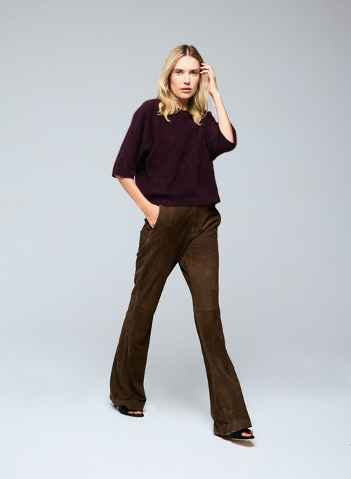 Suéter de manga de kimono de cuello redondo de berenjena en lana de raccon / Poliamida - MAJESTIC FILATURES