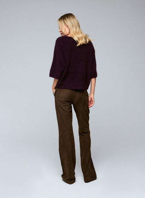 Suéter de manga de kimono de cuello redondo de berenjena en lana de raccon / Poliamida - MAJESTIC FILATURES