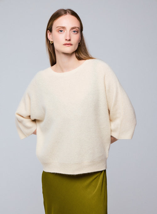 Pull Blanc Col Rond Manches Kimono en Raccoon / Polyamide - MAJESTIC FILATURES