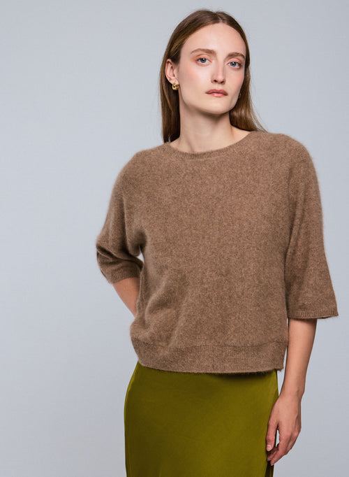 Pull Beige Col Rond Manches Kimono en Raccoon / Polyamide - MAJESTIC FILATURES