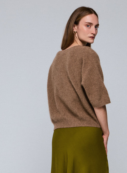 Suéter de manga de kimono con cuello redondo beige en lana de raccon / poliamida - MAJESTIC FILATURES