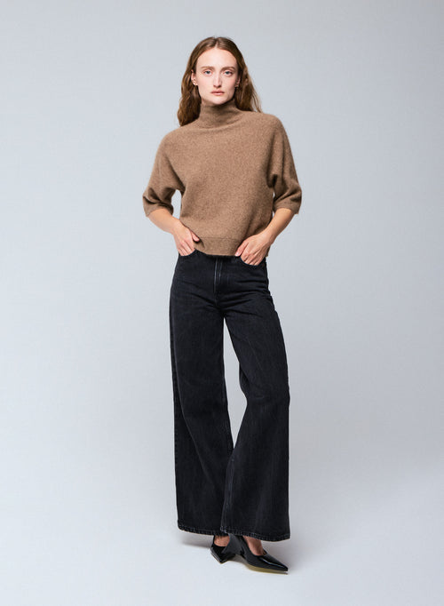 Beigefarbener Rollkragenpullover mit Kimonoärmeln aus Raccon-Wolle / Polyamid - MAJESTIC FILATURES