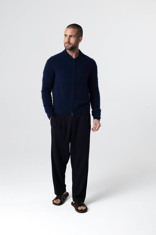 Gilet Marine Col Rond Manches Longues en Raccoon / Polyamide - MAJESTIC FILATURES