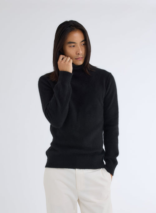 Black Turtleneck Sweater with Long Sleeves in Raccoon and Polyamide - MAJESTIC FILATURES