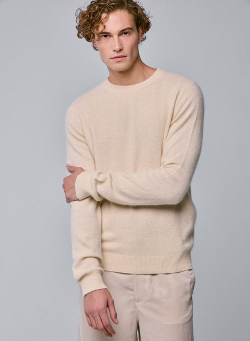 White Round Neck Long Sleeve Sweater in Raccon wool / Polyamide - MAJESTIC FILATURES