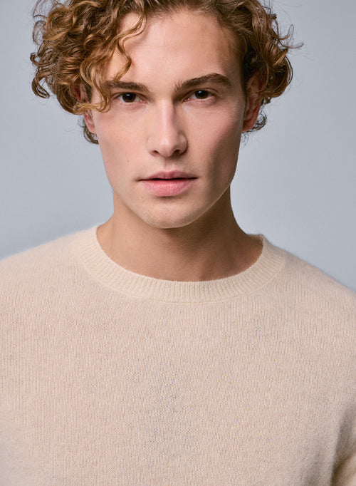 White Round Neck Long Sleeve Sweater in Raccon wool / Polyamide - MAJESTIC FILATURES