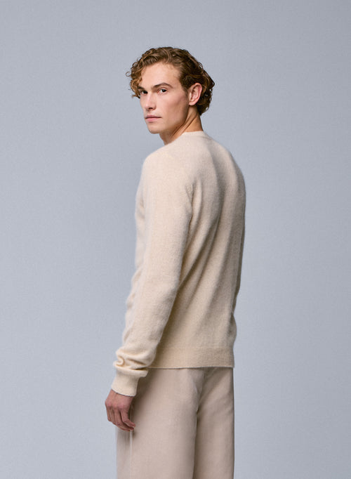 White Round Neck Long Sleeve Sweater in Raccon wool / Polyamide - MAJESTIC FILATURES