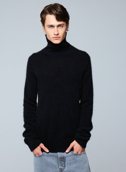 Pull Noir Col Roulé Manches Longues en Raccon wool / Polyamide - MAJESTIC FILATURES