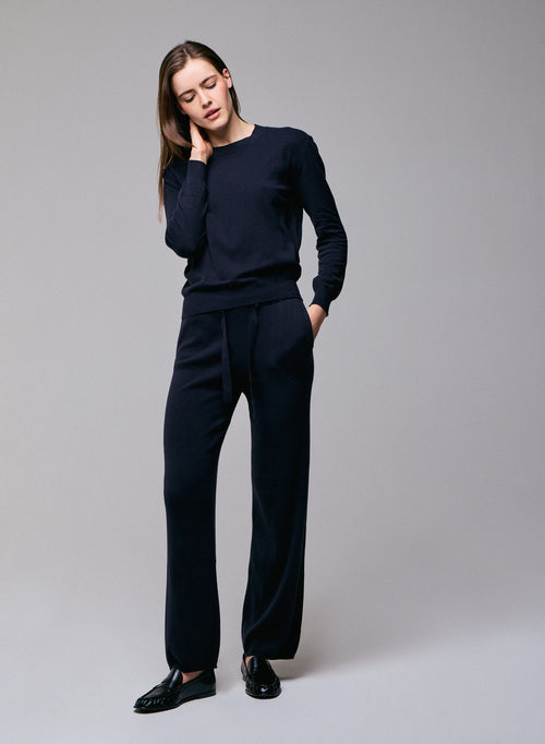 Marineblauer Pullover Rundhalsausschnitt Langarm aus Bio-Baumwolle / Elasthan - MAJESTIC FILATURES