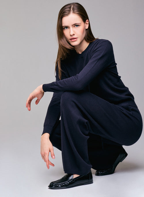 Marineblauer Pullover Rundhalsausschnitt Langarm aus Bio-Baumwolle / Elasthan - MAJESTIC FILATURES