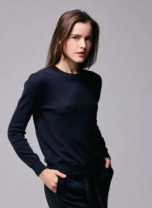 Pull Marine Col Rond Manches Longues en Coton organique / Elasthanne - MAJESTIC FILATURES