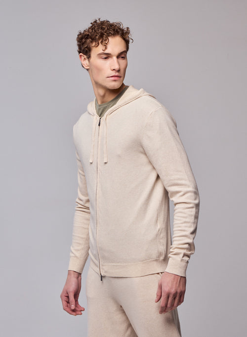 Beige hooded cardigan with long sleeves in organic cotton / elastane - MAJESTIC FILATURES