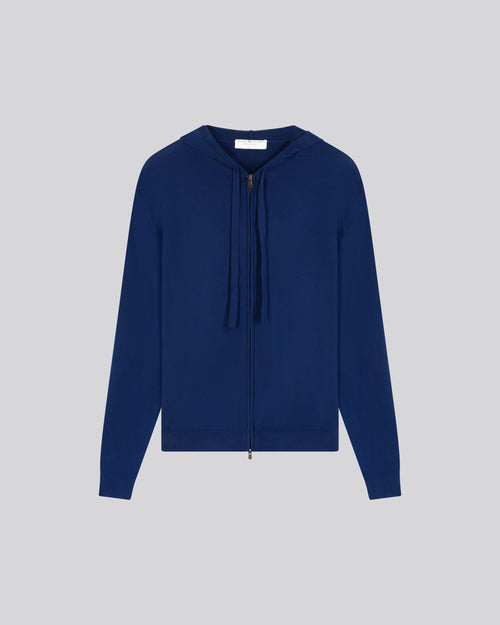 Blue hooded cardigan with long sleeves in organic cotton / elastane - MAJESTIC FILATURES
