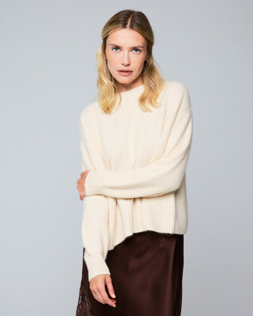 Pull Blanc Col Rond Manches Longues en Laine / Fox / Polyamide - MAJESTIC FILATURES