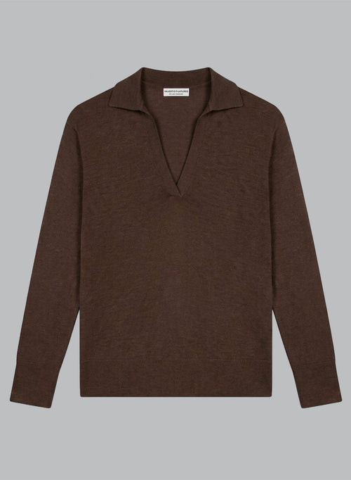 Polo marrón oscuro de manga tres cuartos de lino - MAJESTIC FILATURES