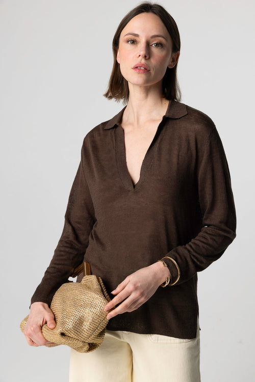 Polo Marron Foncé Manches Trois quarts en Lin - MAJESTIC FILATURES