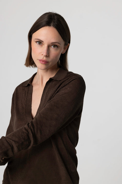 Polo Marron Foncé Manches Trois quarts en Lin - MAJESTIC FILATURES
