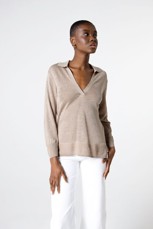 Polo mit Dreiviertelärmeln aus Leinen in Wüstensandfarbe - MAJESTIC FILATURES