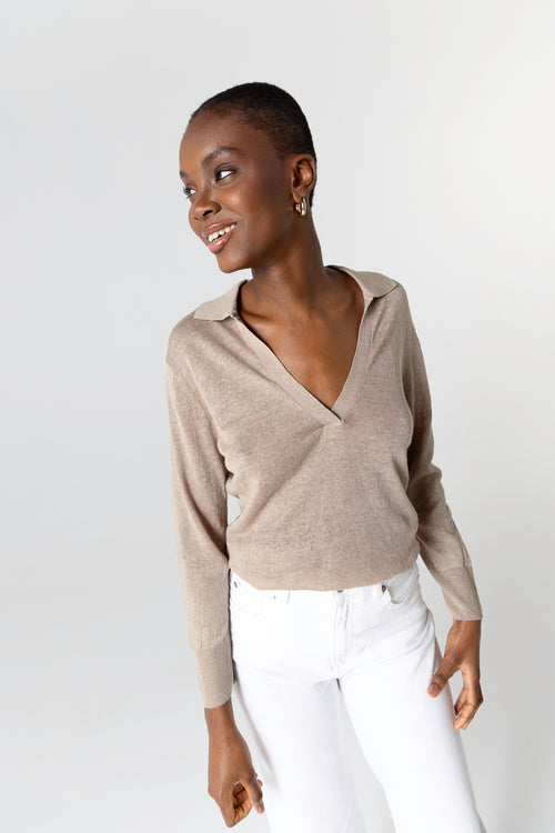 Polo mit Dreiviertelärmeln aus Leinen in Wüstensandfarbe - MAJESTIC FILATURES