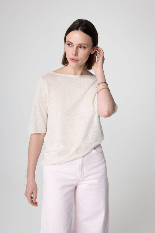 Pull Cream Col Rond Manches Courtes en Lin - MAJESTIC FILATURES