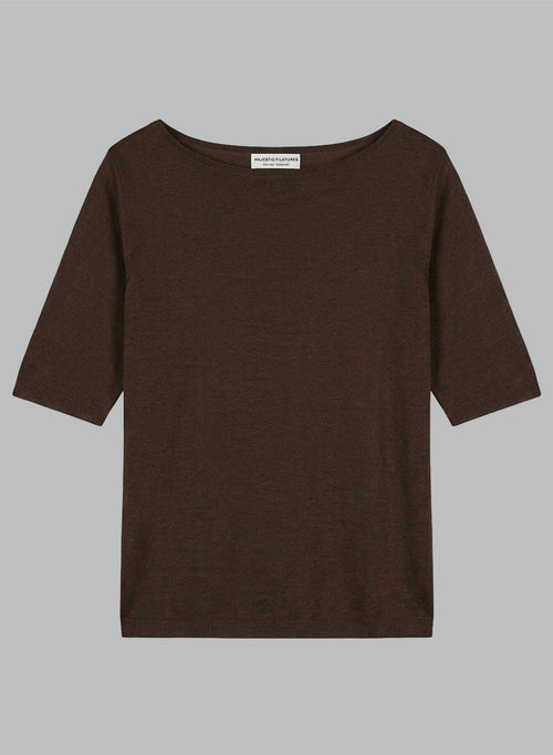 Dark Brown Round-Neck Short-Sleeve Linen Sweater - MAJESTIC FILATURES